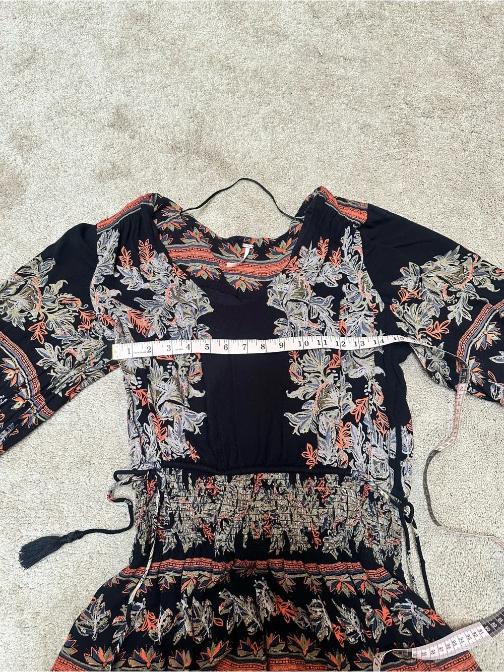 Free People Cinched Balloon Sleeve Mini Dress Black Whimsigoth Floral Sz M Boho